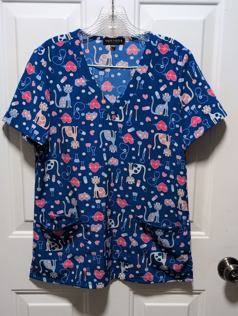 Women's Navy Blue Veterinary Print Scrub Top